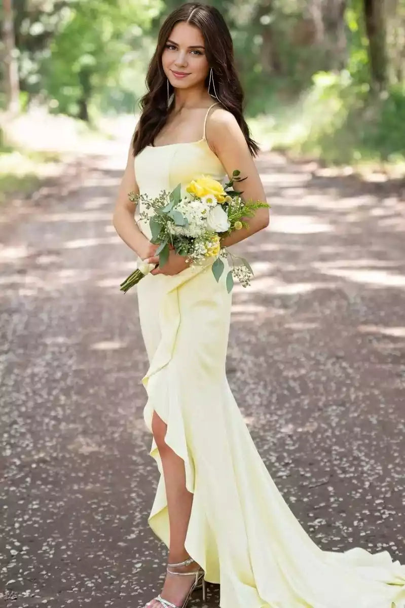 Charming mermaid satin square neck sleeveless ruffle hem and slit lace up back Prom Dresses